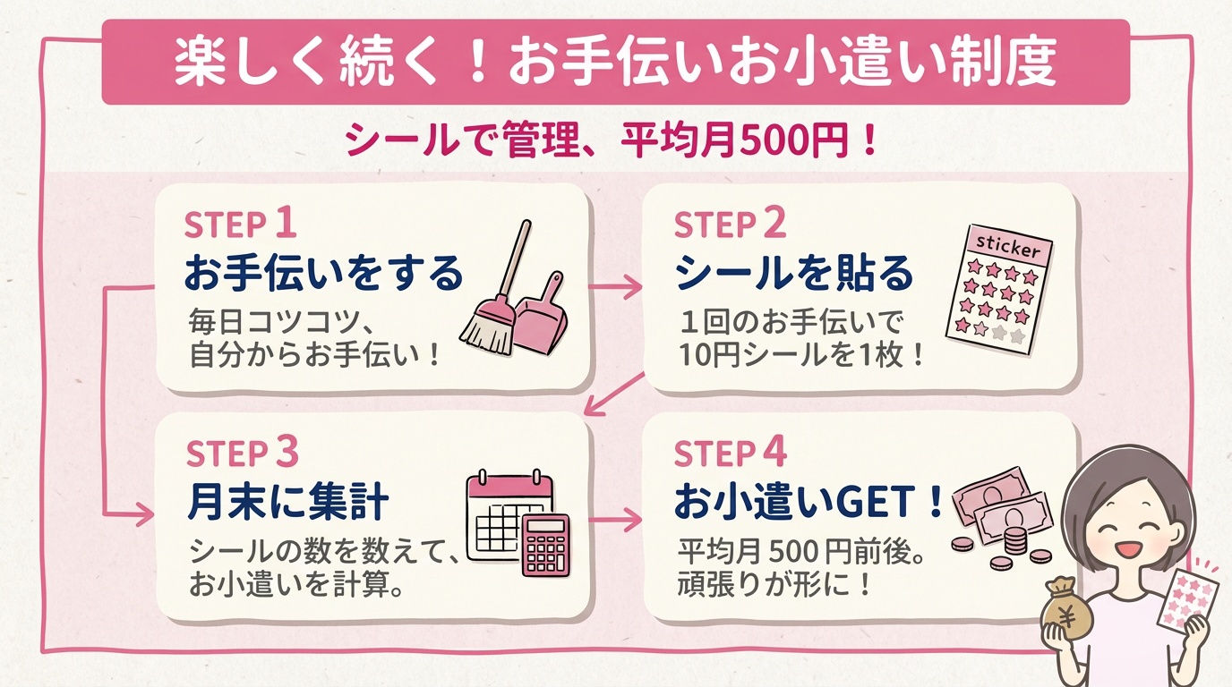 楽しく続く！お手伝いお小遣い制度。お手伝いをする→シールを貼る→月末に集計→お小遣いGET