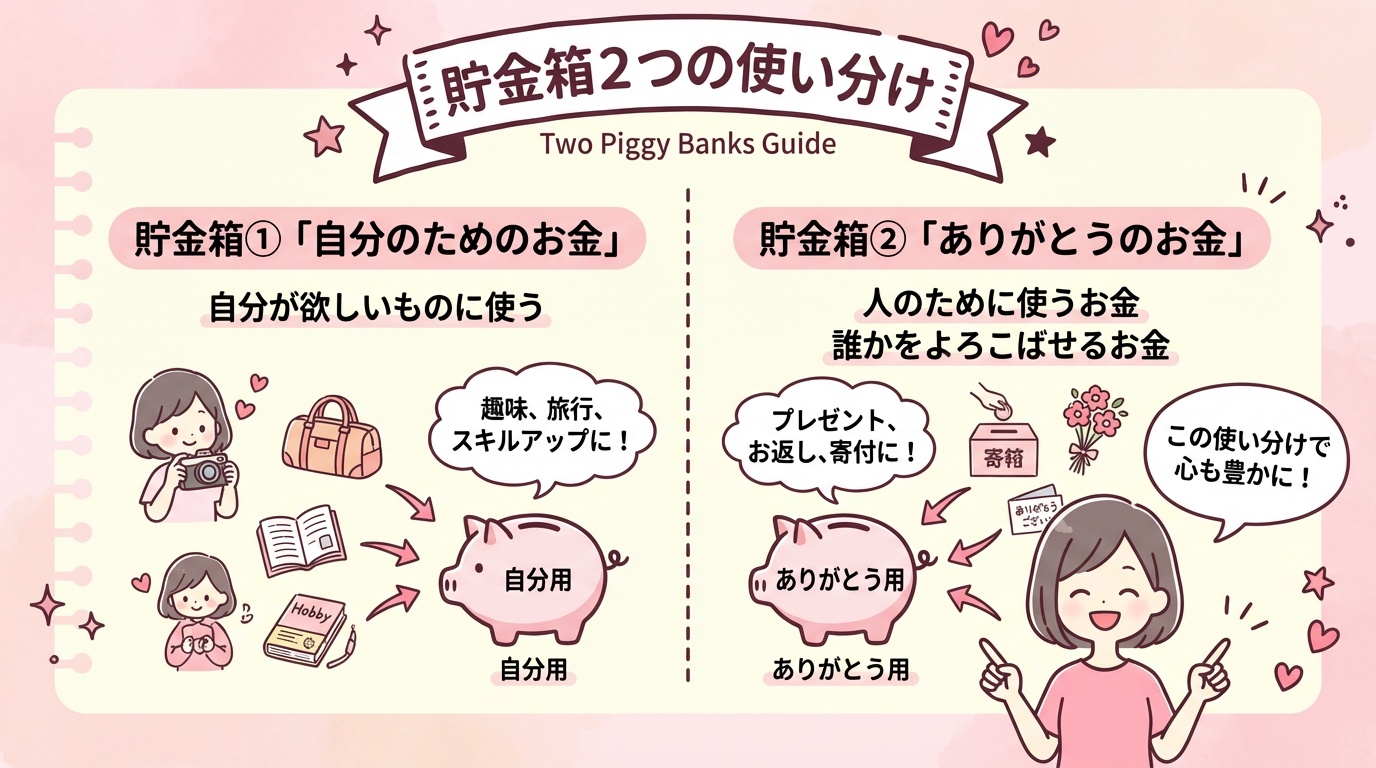 貯金箱2つの使い分け。①自分のためのお金 ②ありがとうのお金