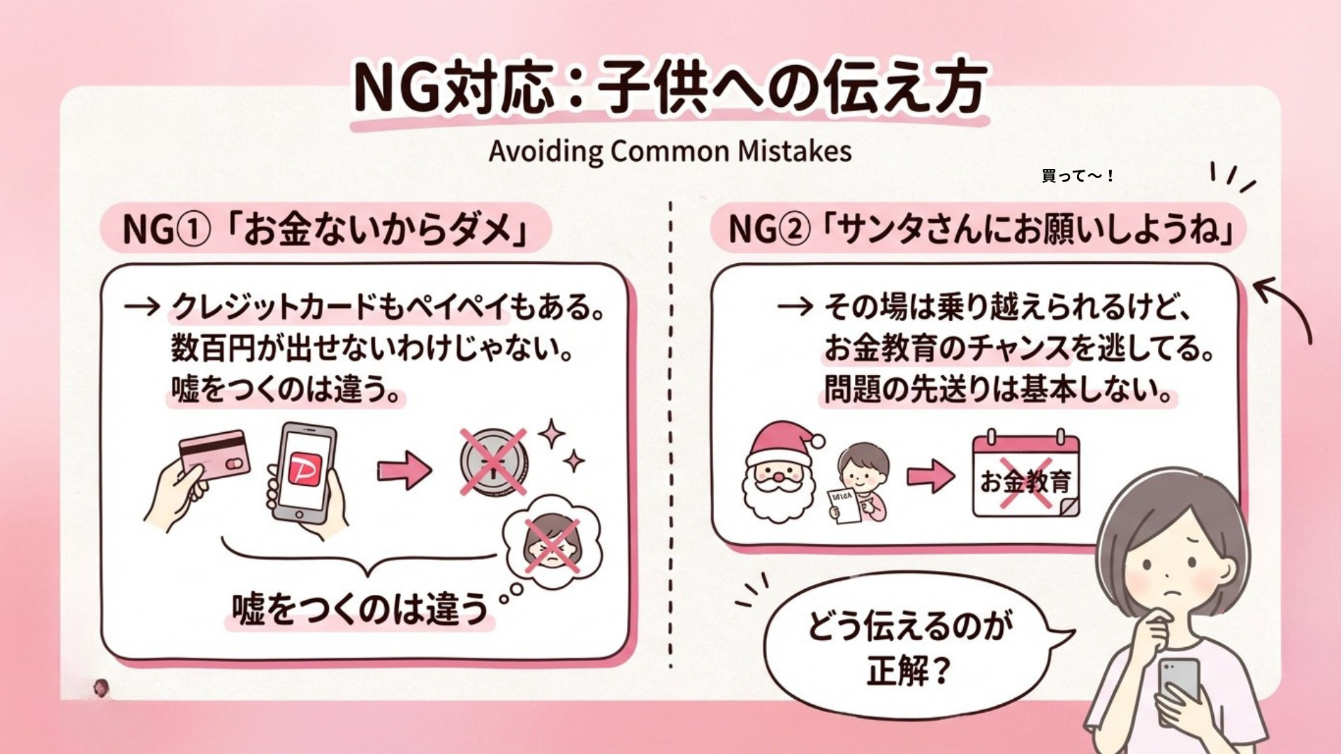 NG対応：子供への伝え方。NG①「お金ないからダメ」NG②「サンタさんにお願いしようね」
