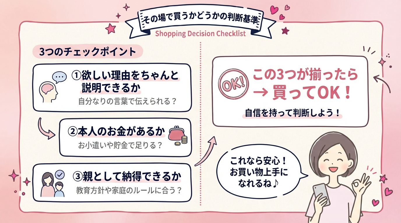 その場で買うかどうかの判断基準。①欲しい理由をちゃんと説明できるか ②本人のお金があるか ③親として納得できるか
