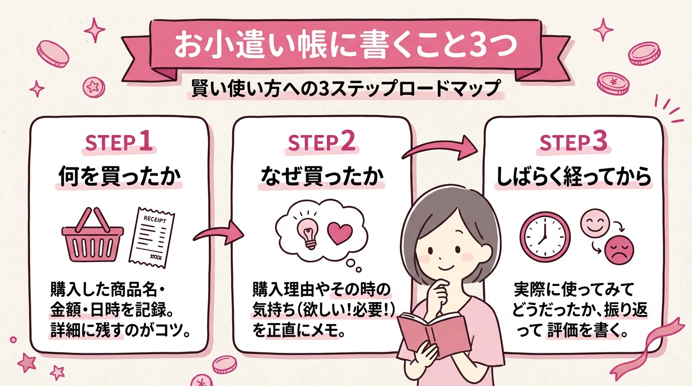 お小遣い帳に書くこと3つ。何を買ったか／なぜ買ったか／しばらく経ってから振り返る